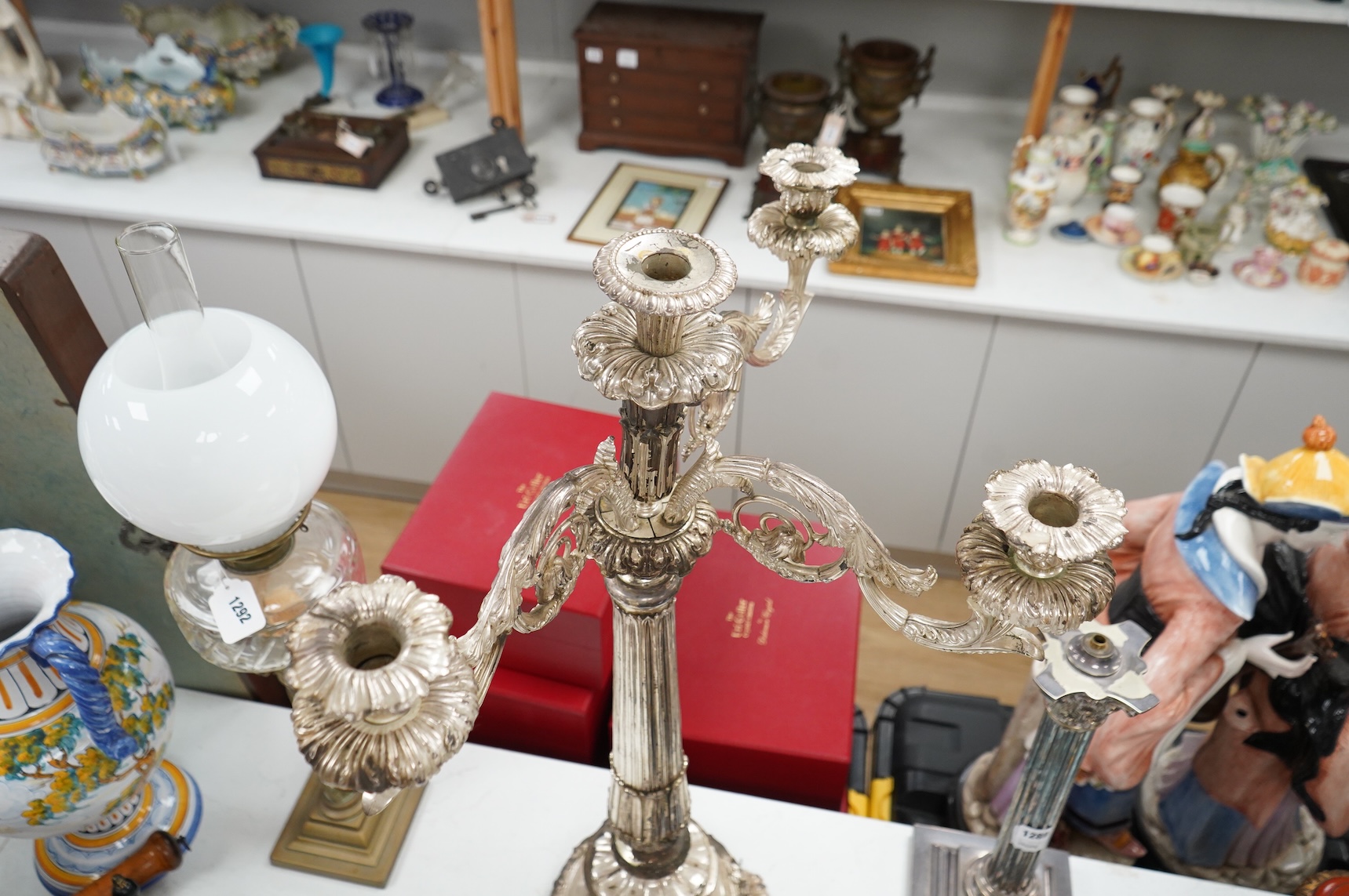 A mid 19th century cast plated four branch, five light candelabrum, 87cm high